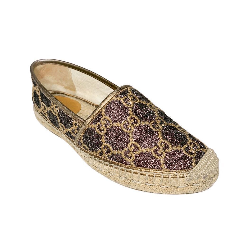 Gucci GG Logo Lamé Canvas Espadrilles Brown Bronze Metallic Logo Flats 37.5